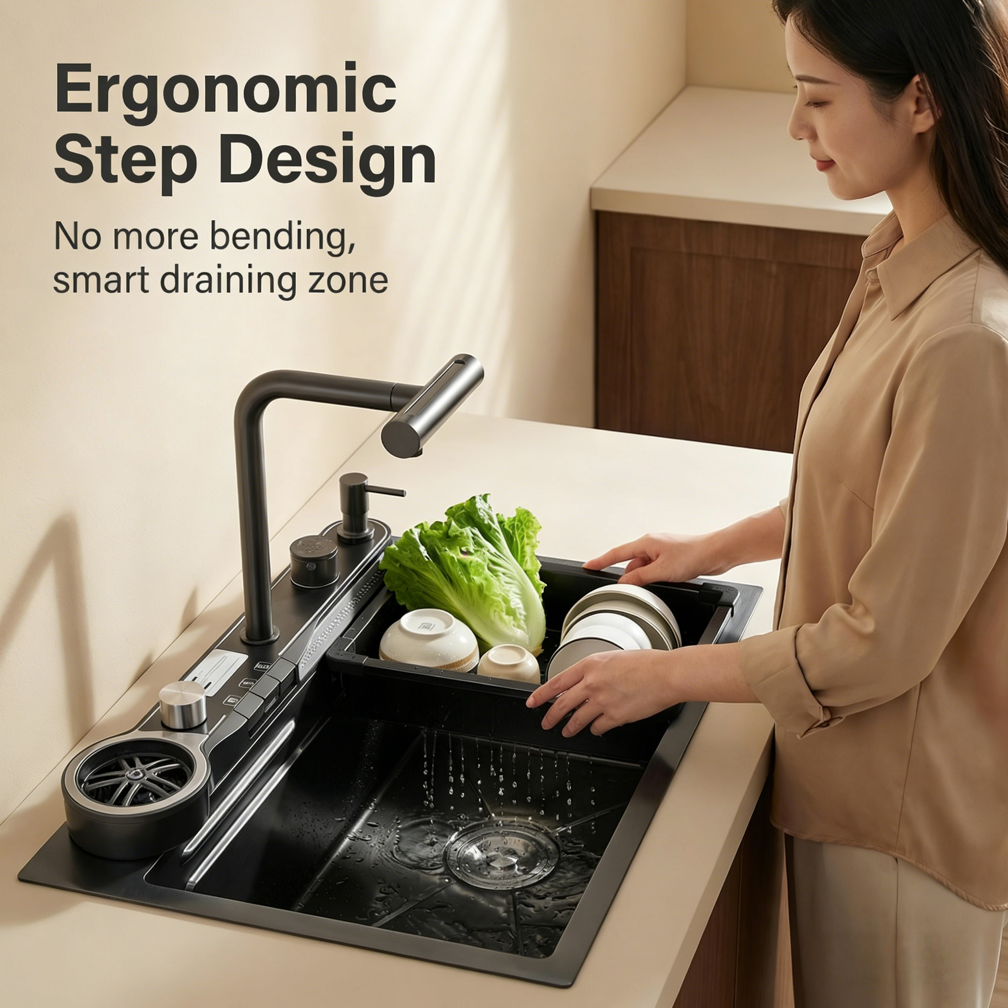 Lavaplatos HomeMaster 6845 Black Tamaño medio, diseño elegante, acero inox 304 x 1 Und - Image 4
