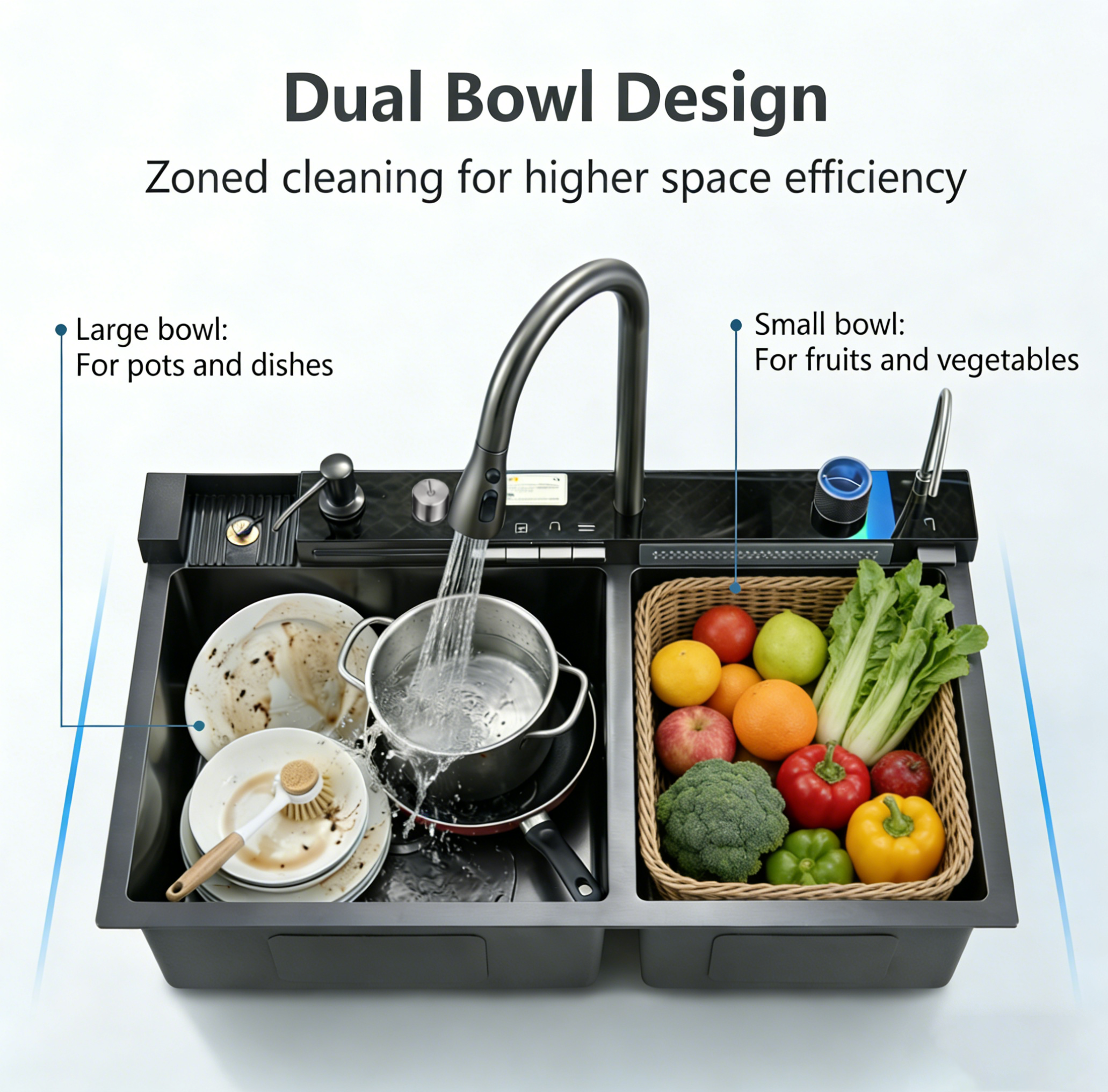 Lavaplatos SmartChef Touch 7545 doble poseta, acabado cepillado panal acero inox 304 x 1 Und - Image 2