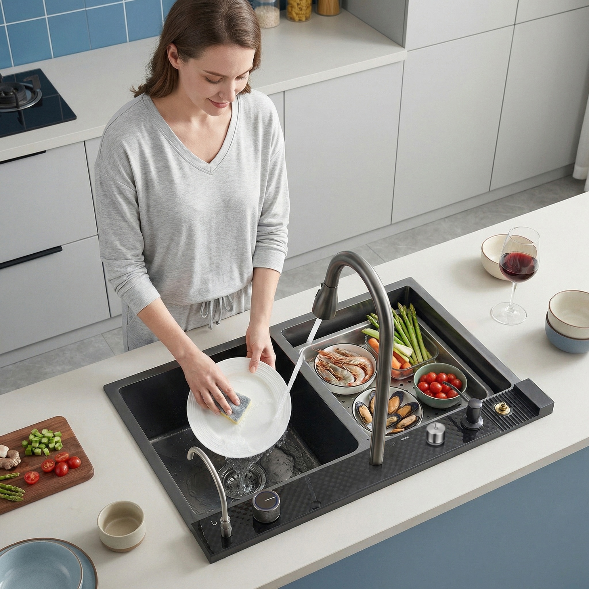 Lavaplatos SmartChef Touch 7545 doble poseta, acabado cepillado panal acero inox 304 x 1 Und - Image 3