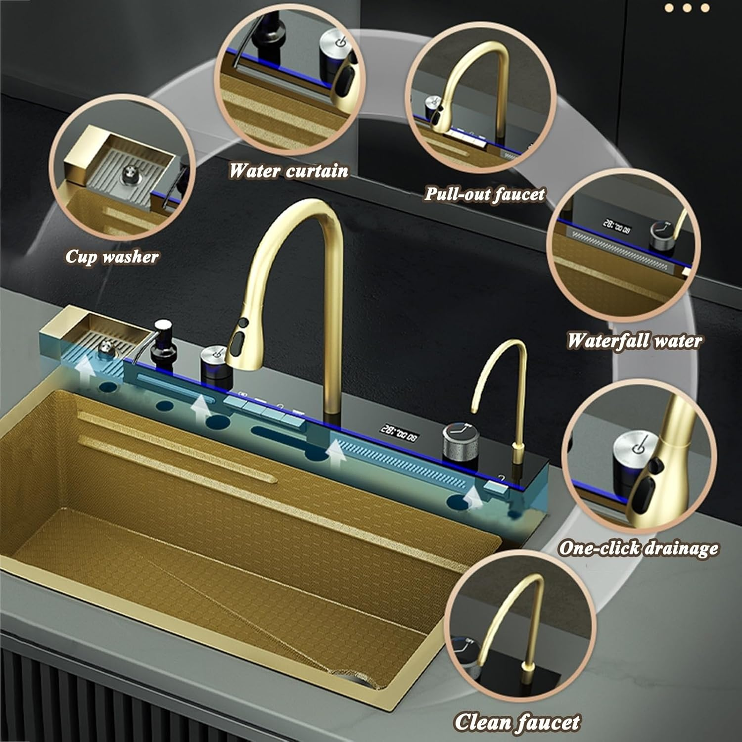 Lavaplatos funcional JetChef Luxury Gold 75x45 Acabado oro premium, estación de cocina de lujo acero inox 304 x 1 und - Image 3