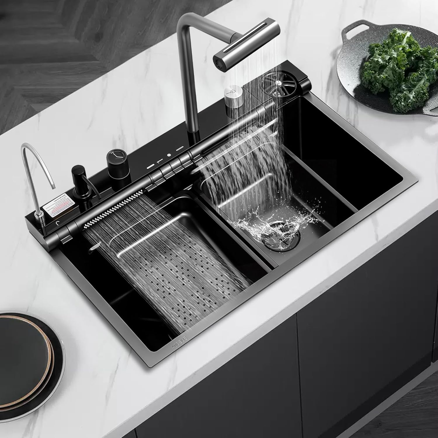 Lava platos LuxeStation Pro 7545 Black Estación de lujo, diseño moderno, accesorios completos acero inox 304 x 1 Und