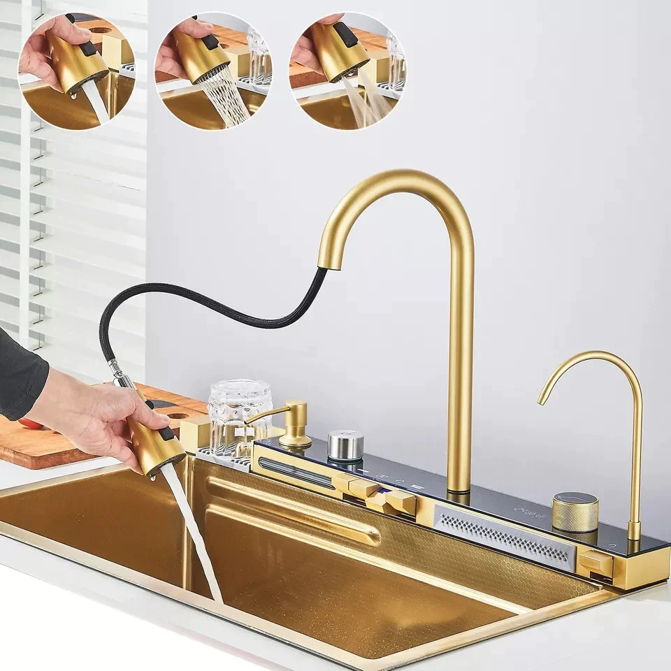 Lavaplatos funcional JetChef Luxury Gold 75x45 Acabado oro premium, estación de cocina de lujo acero inox 304 x 1 und