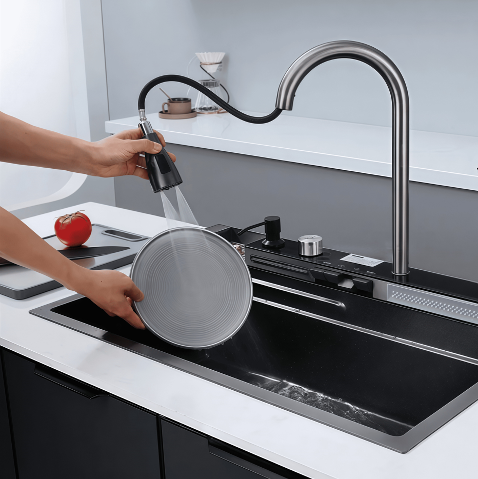 Lavaplatos LuxeJet Pro 7545 Black Estación profesional, accesorios completos, diseño premium acero inox 304 x 1 Und